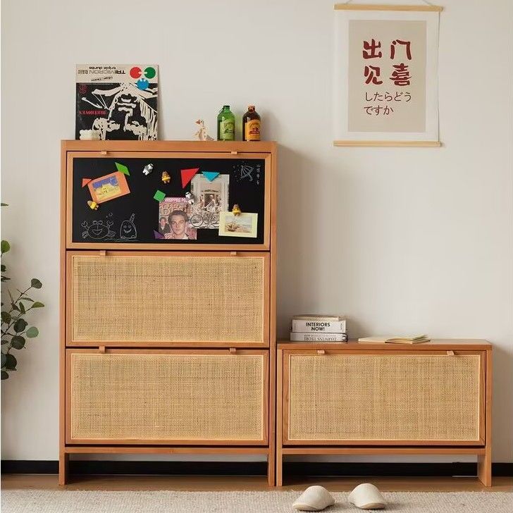 北欧实木换鞋柜组合家用门口超薄简约入户藤编柜换鞋凳翻门收纳柜