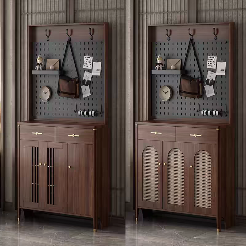 实木藤编鞋柜客厅门口一体洞洞挂衣架家用入户玄关收纳储物柜中式