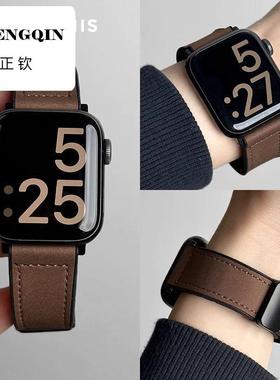 新疯马纹皮硅胶磁吸扣Applewatch10表带适用苹果手表SE秋冬高颜值
