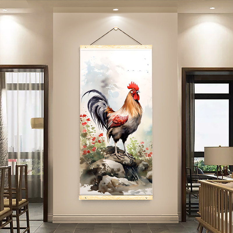 金鸡报晓雄鸡大公鸡装饰画客厅玄关卧室中式雄鸡招财聚财卷轴挂画图片