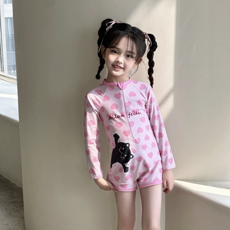 儿童泳衣女童长袖连体新款中大童卡通速干宝宝衣防晒泳装平角
