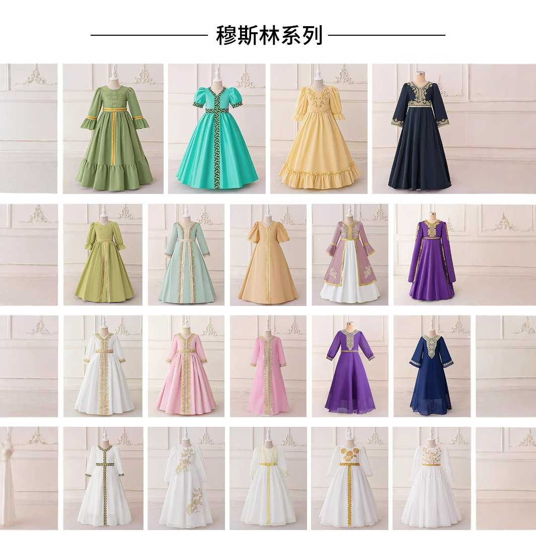 中东沙特阿拉伯服外贸女童长袍拼接印花中长裙儿童派对礼服