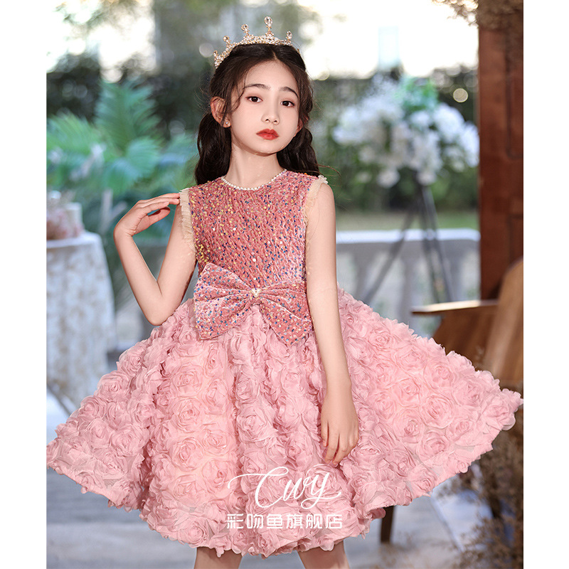 粉色女童礼服小众轻奢高端花童生日公主蓬蓬裙儿童主持人亮片