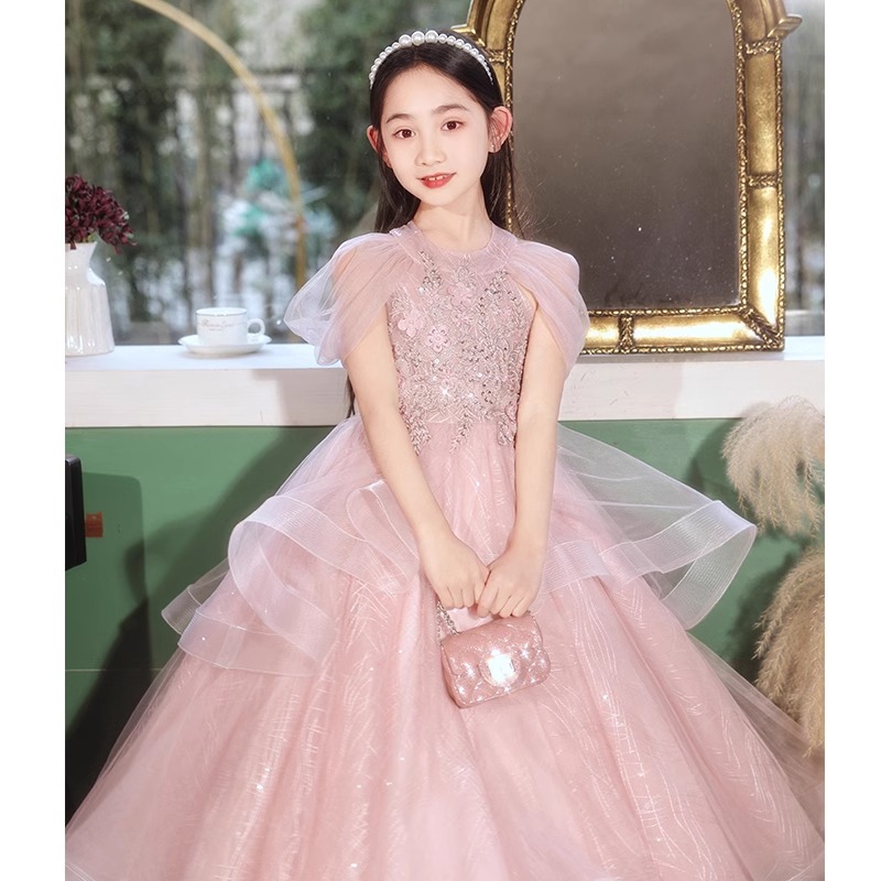 粉色女童礼服生日公主裙儿童春季轻奢小众走秀主持人钢琴表