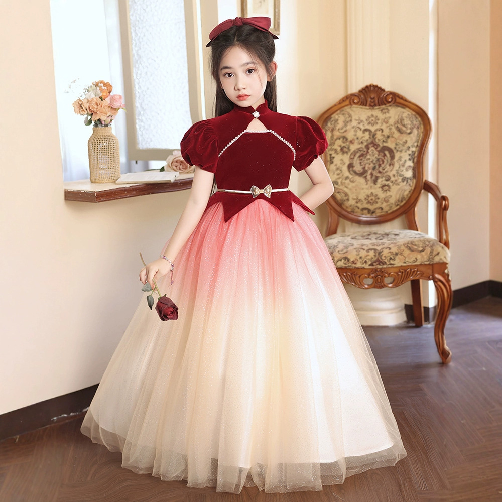 女童生日晚礼服轻奢小众高级红色公主裙主持人儿童钢琴演奏