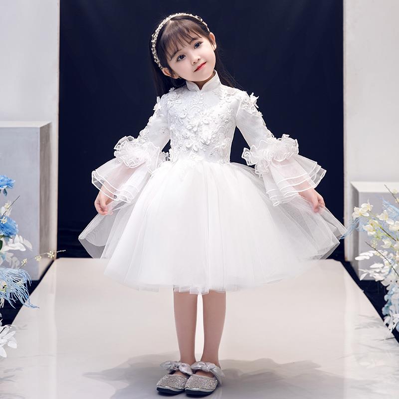 女童礼服花童白纱婚纱裙小女孩周岁生日公主裙长袖儿童钢琴