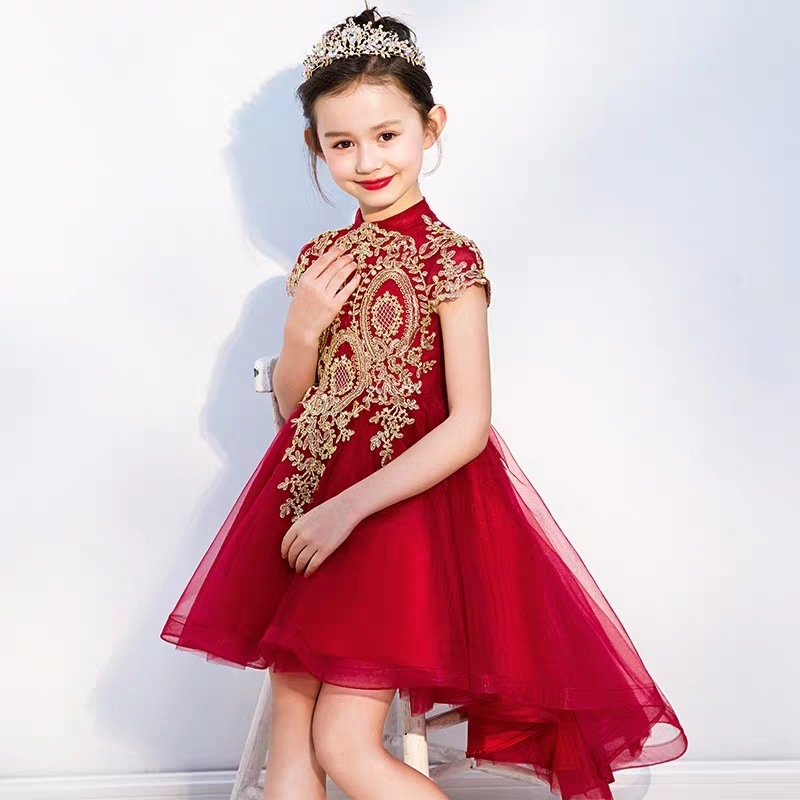 儿童礼服女童公主裙春夏小女孩生日中国风蓬蓬裙红演出晚礼服