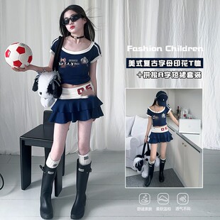 时尚 女童夏季 2025女孩潮韩系新款 套装 洋气足球宝贝针织套装