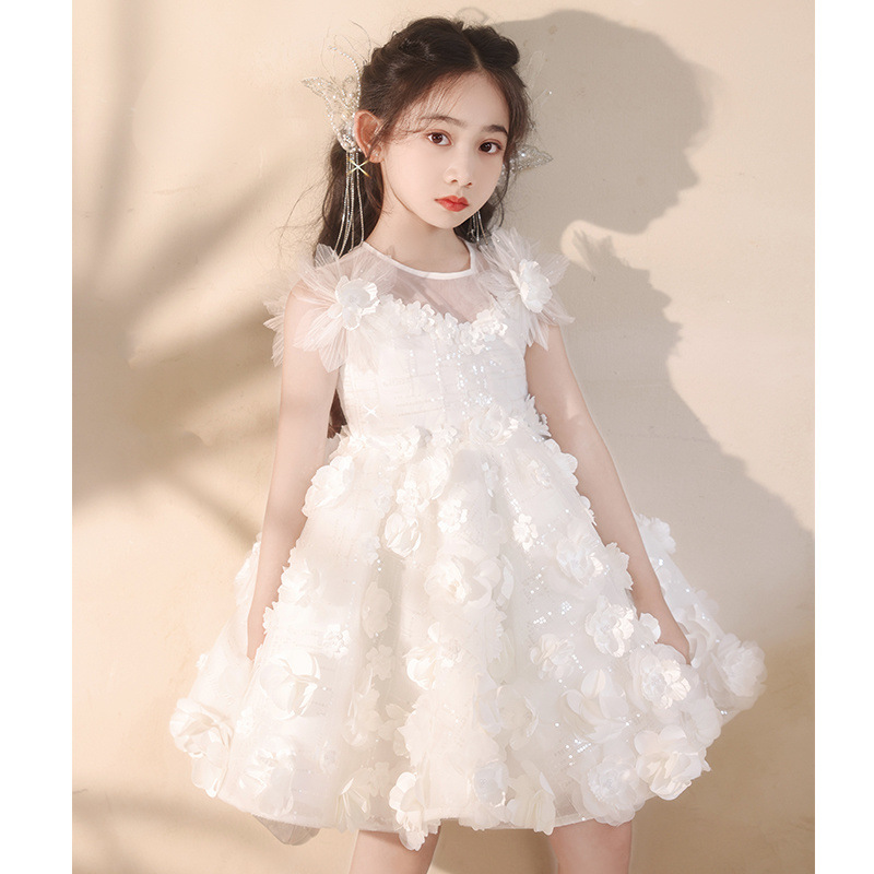 【纯白优雅】2025女童白色连衣裙主持人礼服夏季儿童生日婚礼小女