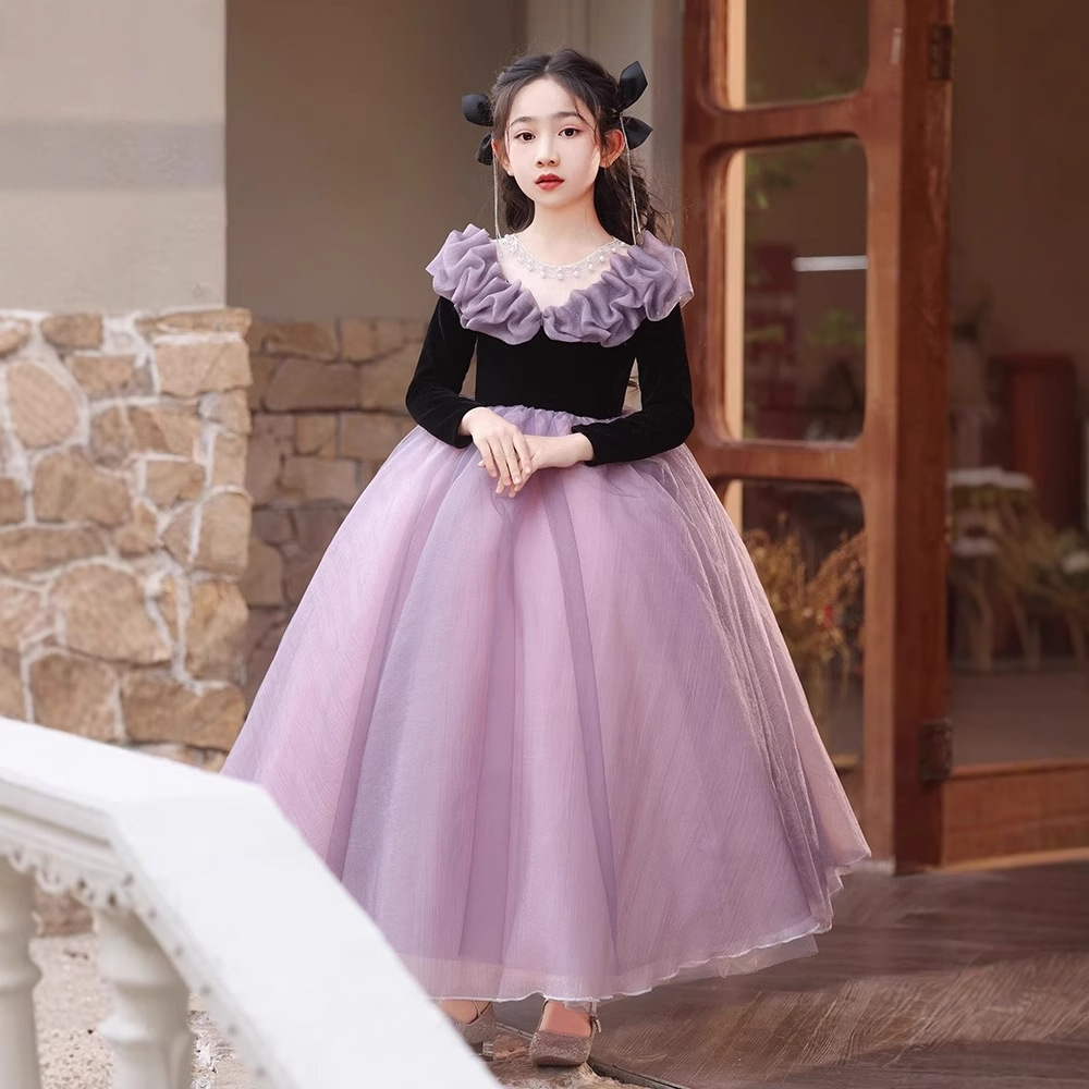 儿童礼服公主裙春季高端生日主持人女童紫色长袖蓬蓬纱钢琴