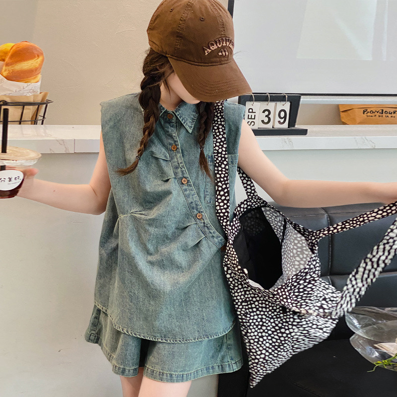 女童夏季薄款牛仔套装2025新款女大童洋气时髦宽松马甲短裤