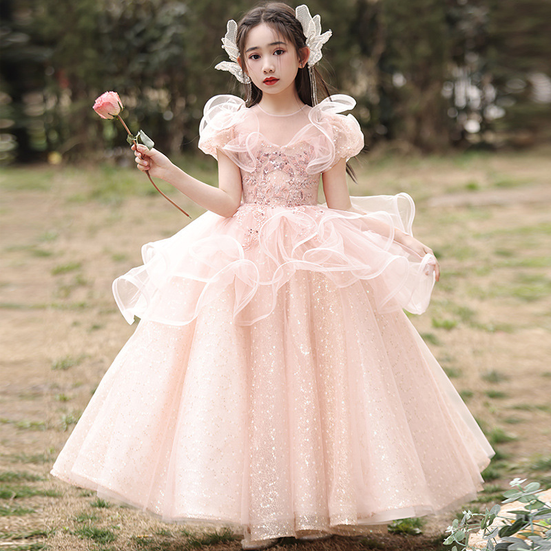 粉色超仙女童晚礼服春季装儿童生日派对公主裙花童主持人钢琴
