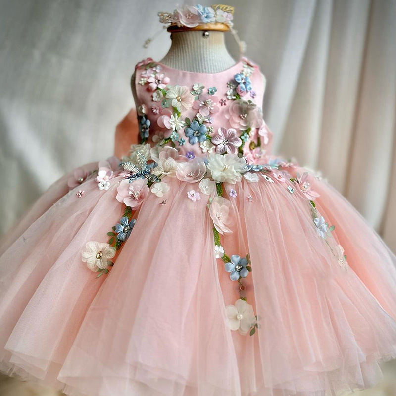 儿童礼服花朵钉珠粉色中小童蓬蓬纱裙洛丽塔女童花仙子无袖公主