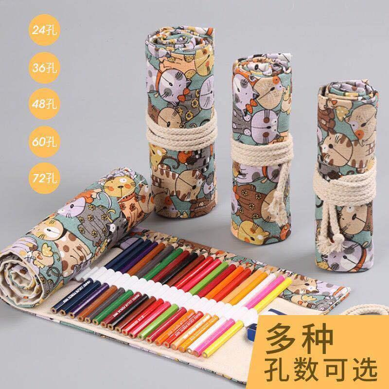 帆布彩铅笔袋24/36/48/72孔大容量卷笔袋复古美术绘画专用笔帘