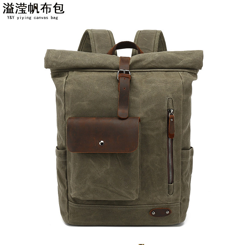 帆布双肩包男亚马逊电脑旅行背包学生户外复古旅游袋配疯马皮爆款