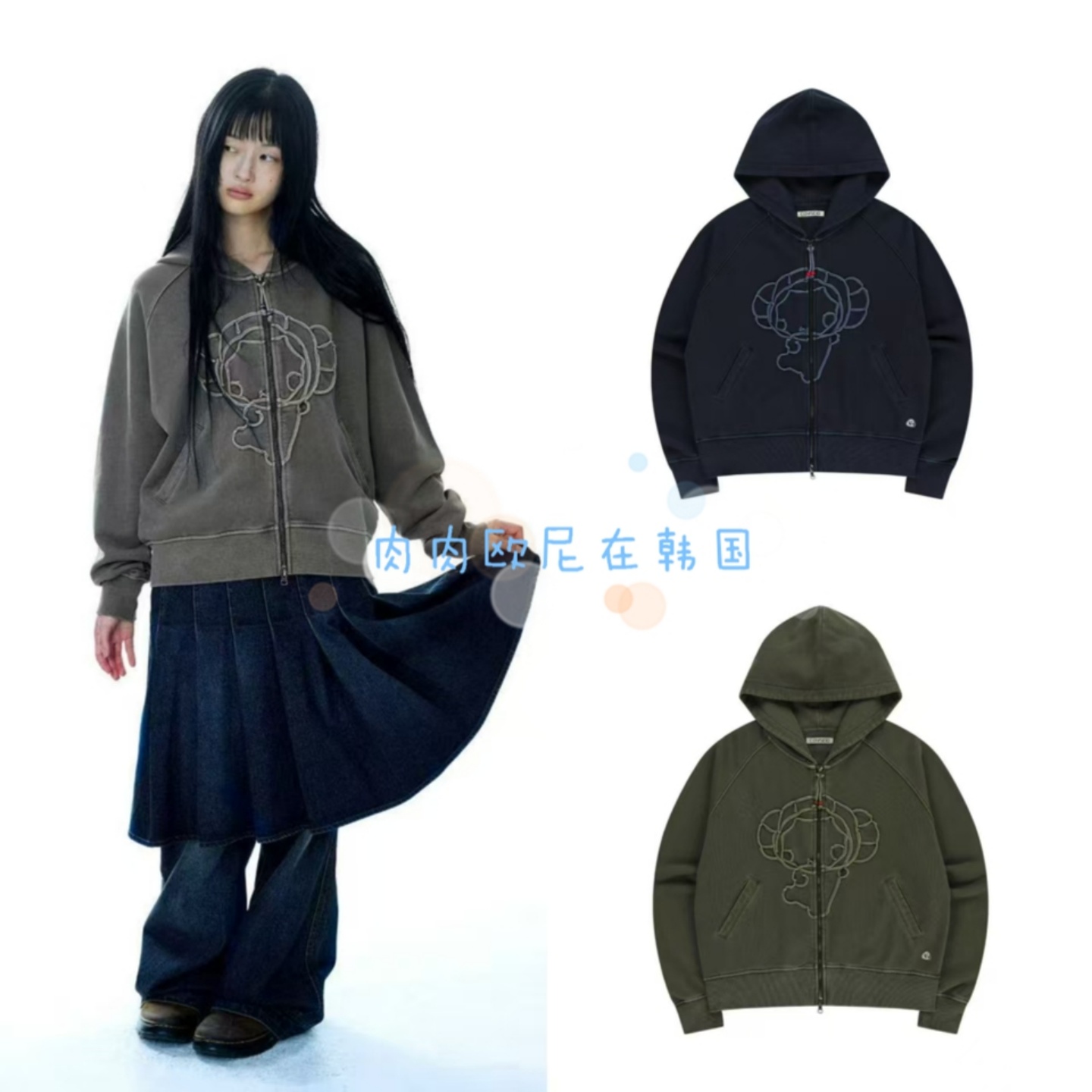 现货coyseio 25秋冬新款韩版复古可爱娃娃缝线拉链连帽卫衣外套女