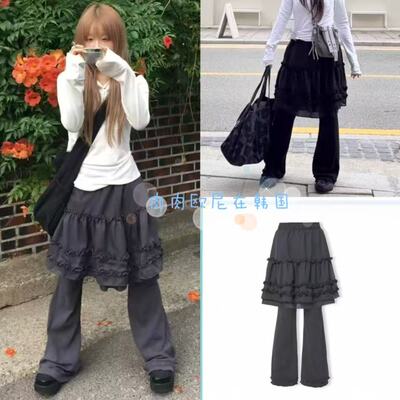 假两件裙裤松紧腰花边休闲裤