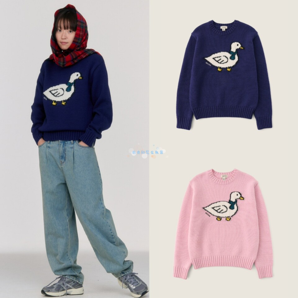 圆领羊毛小鸭子图案针织衫毛衣