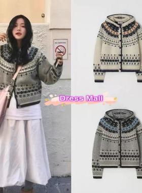 现货urago 25冬季新款费尔岛复古羊毛连帽提花针织开衫毛衣外套女