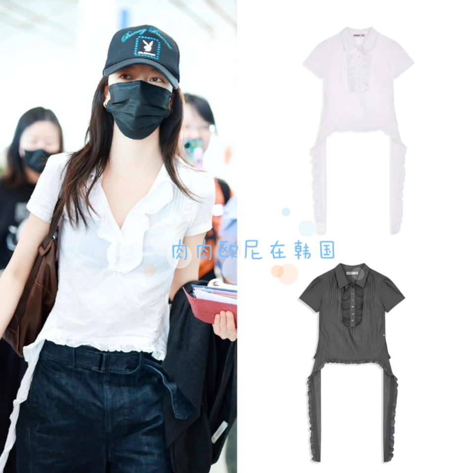 花边褶皱飘带薄款微透短袖衬衫女