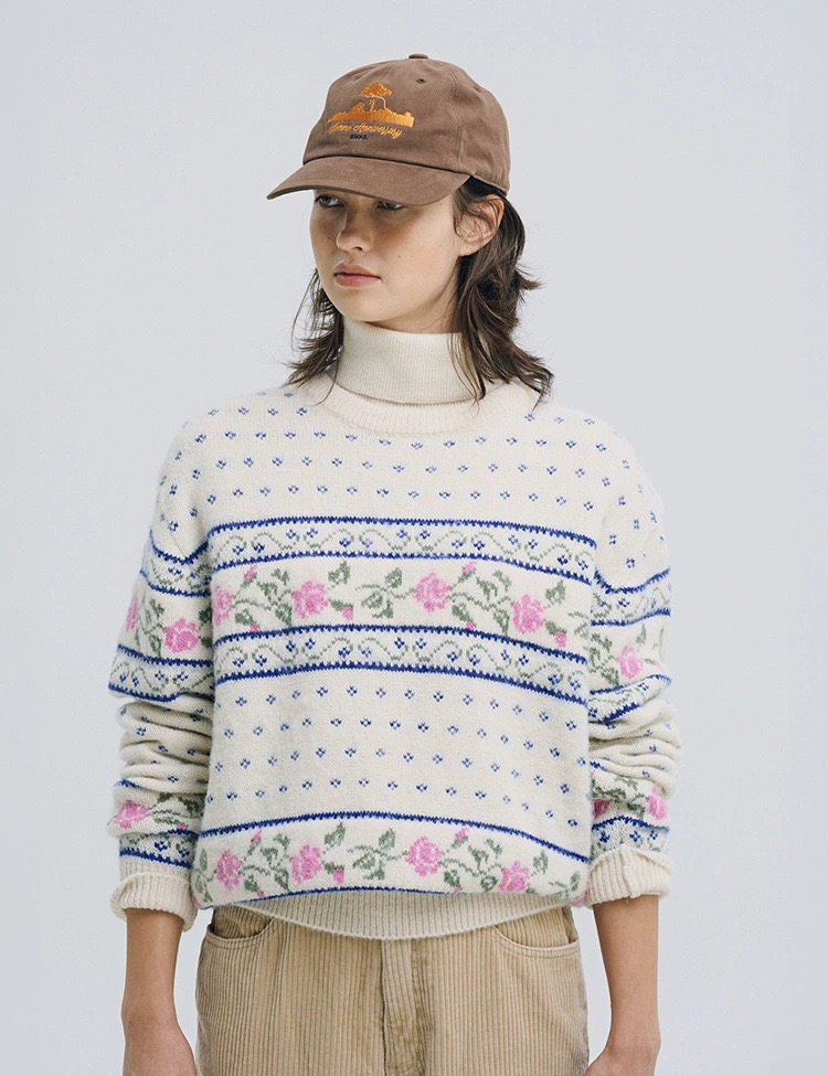 现货 sienne 2025冬季新款宽松复古圆领套头玫瑰提花针织衫毛衣女