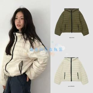 现货 plate 25冬季新款 韩国宽松休闲撞色拼边连帽羽绒服外套女