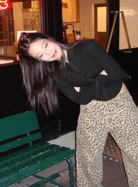 现货秒发 ORDES 新款金智妮 jennie金智妮同款直筒豹纹休闲裤长裤