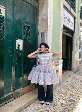 现货 seooocookie 2025夏季新款格纹爱普莉尔蕾丝吊带连衣裙女