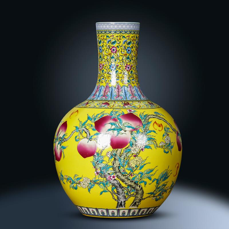 景德镇陶瓷器花瓶摆件中式帝王黄色天球瓶家居客厅博古架玄关装饰-封面