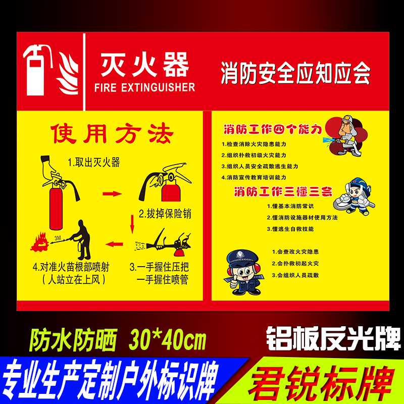 方火器使用灭法标识志 消防安全指d示标识贴纸反光室外 消防标牌