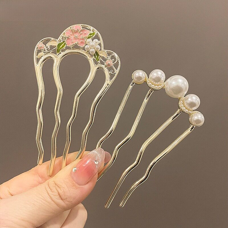 丸子头珍珠花朵u型发夹女后脑勺盘发固定发梳四齿插梳高级感发钗