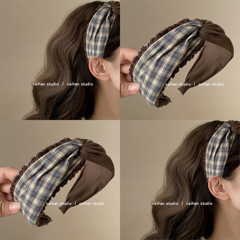 甜系珍妮弗！格纹打结发箍！韩版复古高颅顶头箍甜美大肠圈盘发器