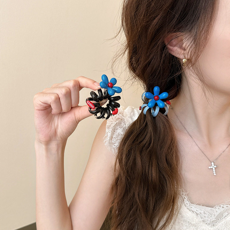 气质蓝色花朵电话线发圈女ins网红高端后脑勺扎头发绳不伤发头绳