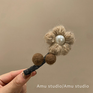 奶茶色毛线花朵珍珠发夹边夹可爱侧边刘海边夹前额碎发鸭嘴夹发卡