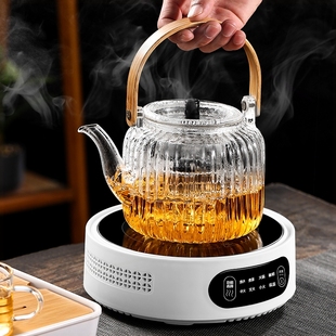 高温新款 玻璃煮茶壶泡茶专用电陶炉家用耐水煮茶器蒸煮两用套装 烧