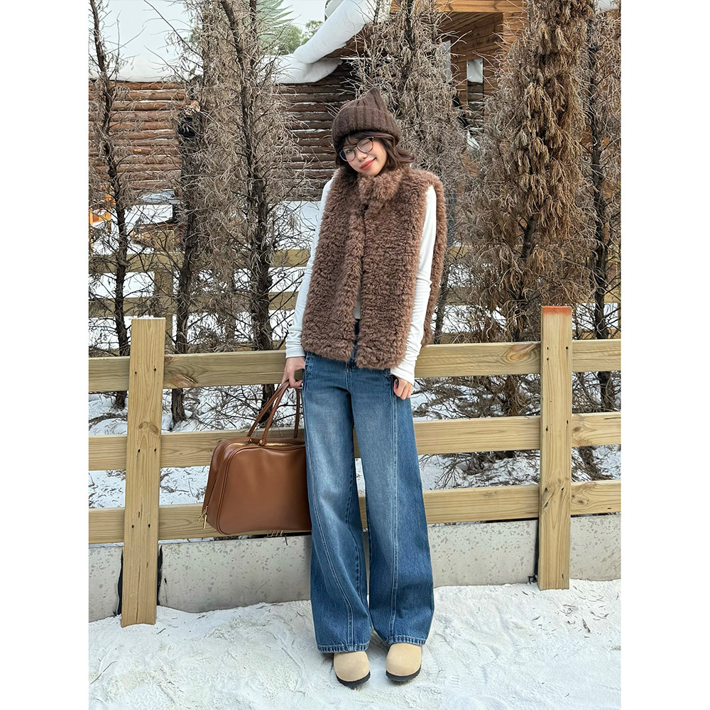 王家有鱼复古蓝阔腿弯刀牛仔裤女2025新款显瘦垂感拖地裤时尚长裤