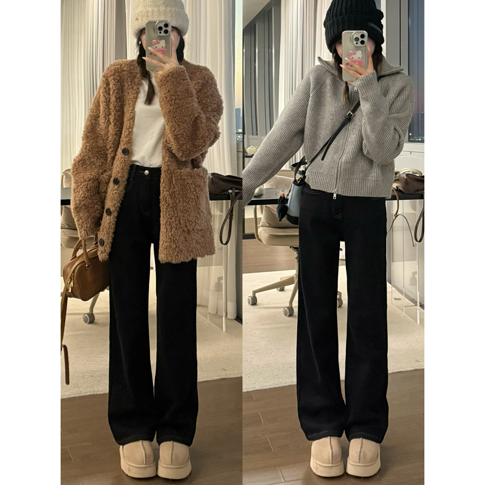 王家有鱼黑色百搭阔腿裤猫须显瘦垂感牛仔裤女2025新款小个子裤子