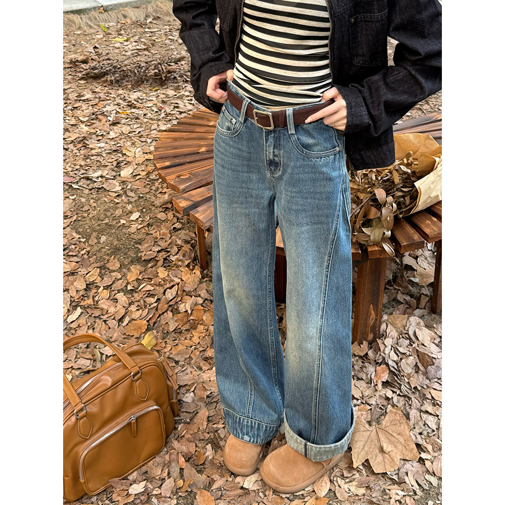 王家有鱼新款阔腿裤2025百搭修身显瘦宽松直筒牛仔裤子女时尚长裤