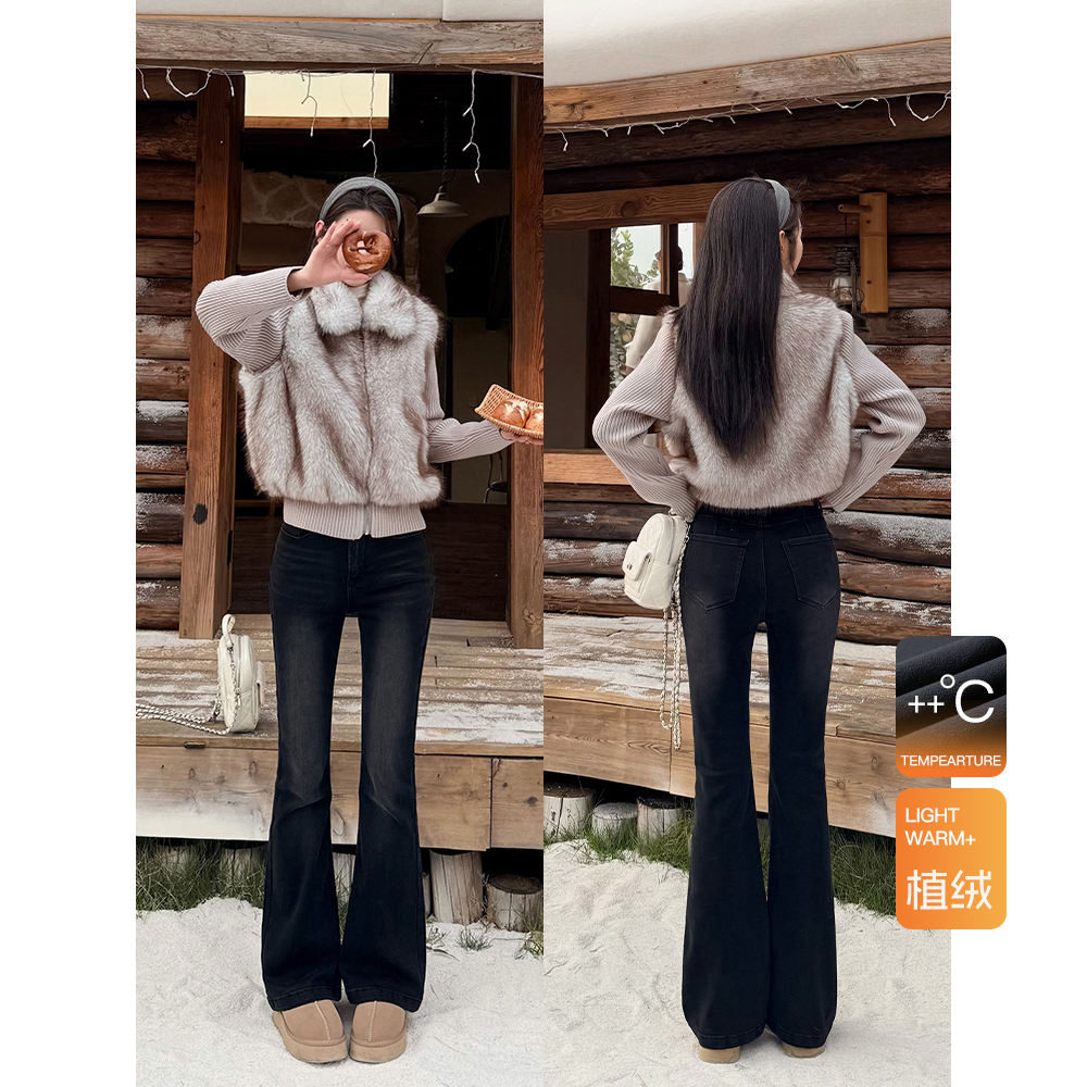 王家有鱼加绒2025新款微喇裤子女