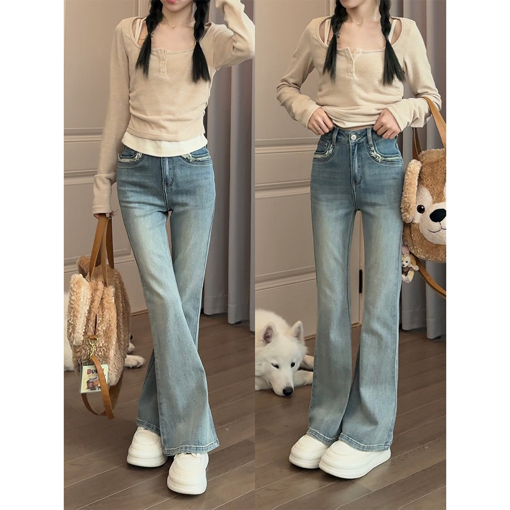 王家有鱼2025春夏高腰微喇叭浅色女牛仔裤薄款显瘦百搭女时尚小众