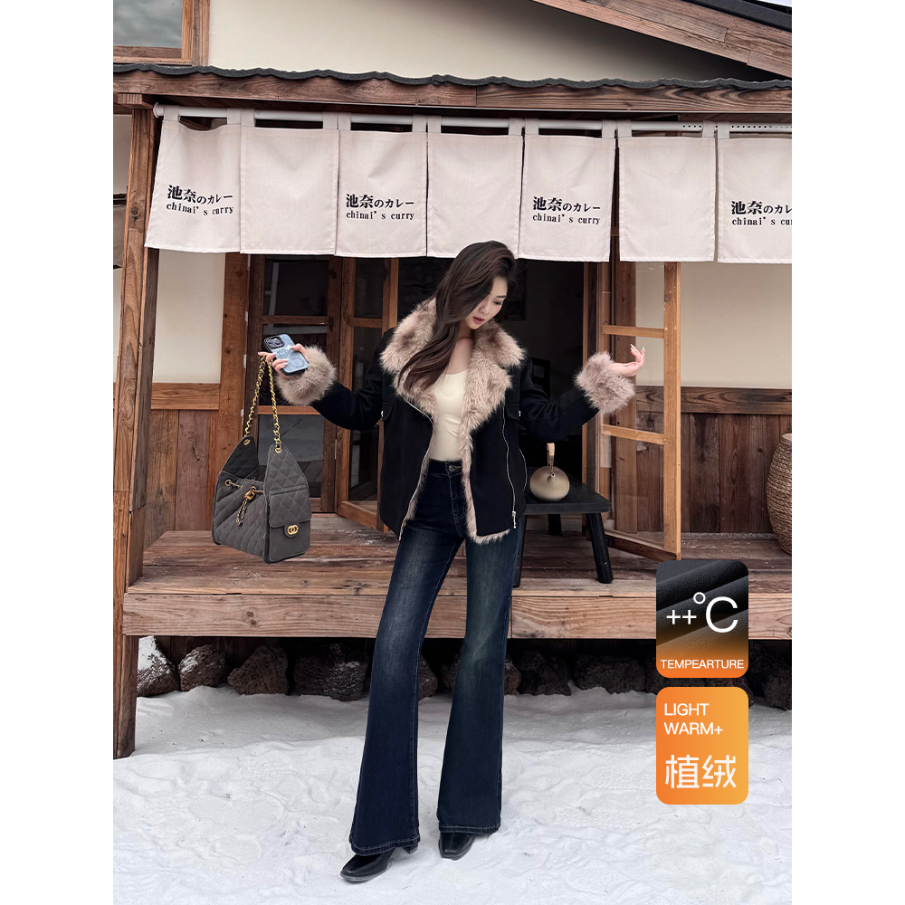 王家有鱼加绒新款不贴腿微喇裤女