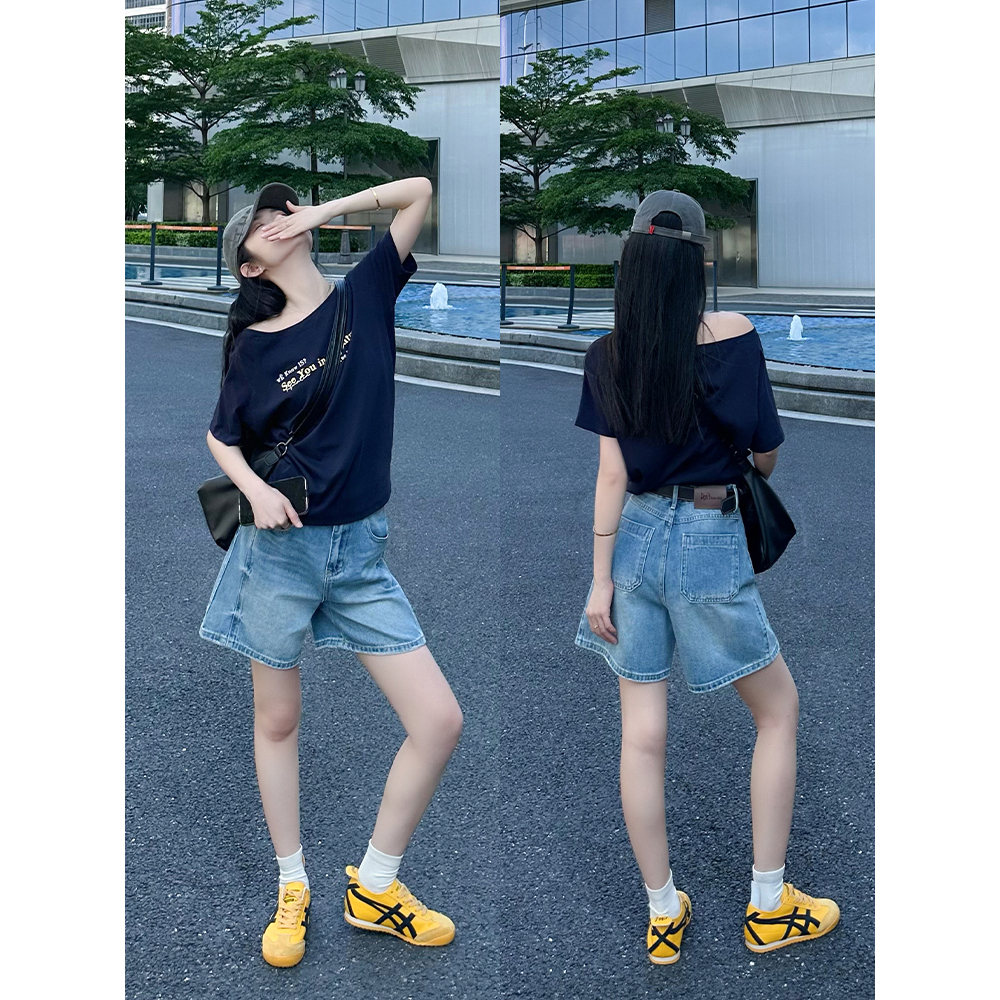 王家有鱼2025夏季新款短裤复古蓝高腰直筒宽松美式风五分牛仔裤女