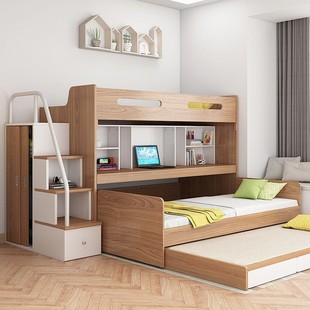迈冠实木高低床双层床小户型儿童床子母床带拖床上下床可定制书桌