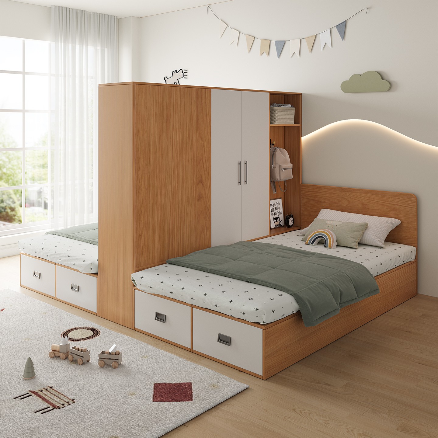 互不干扰姐弟床子母床双人床小户型衣柜一体储物床儿童隔断床定制