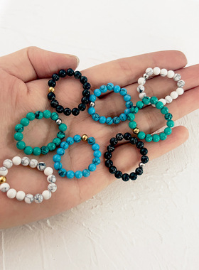 欧美跨境简约时尚设计天然石松石不锈钢手工编织串珠弹力戒指女