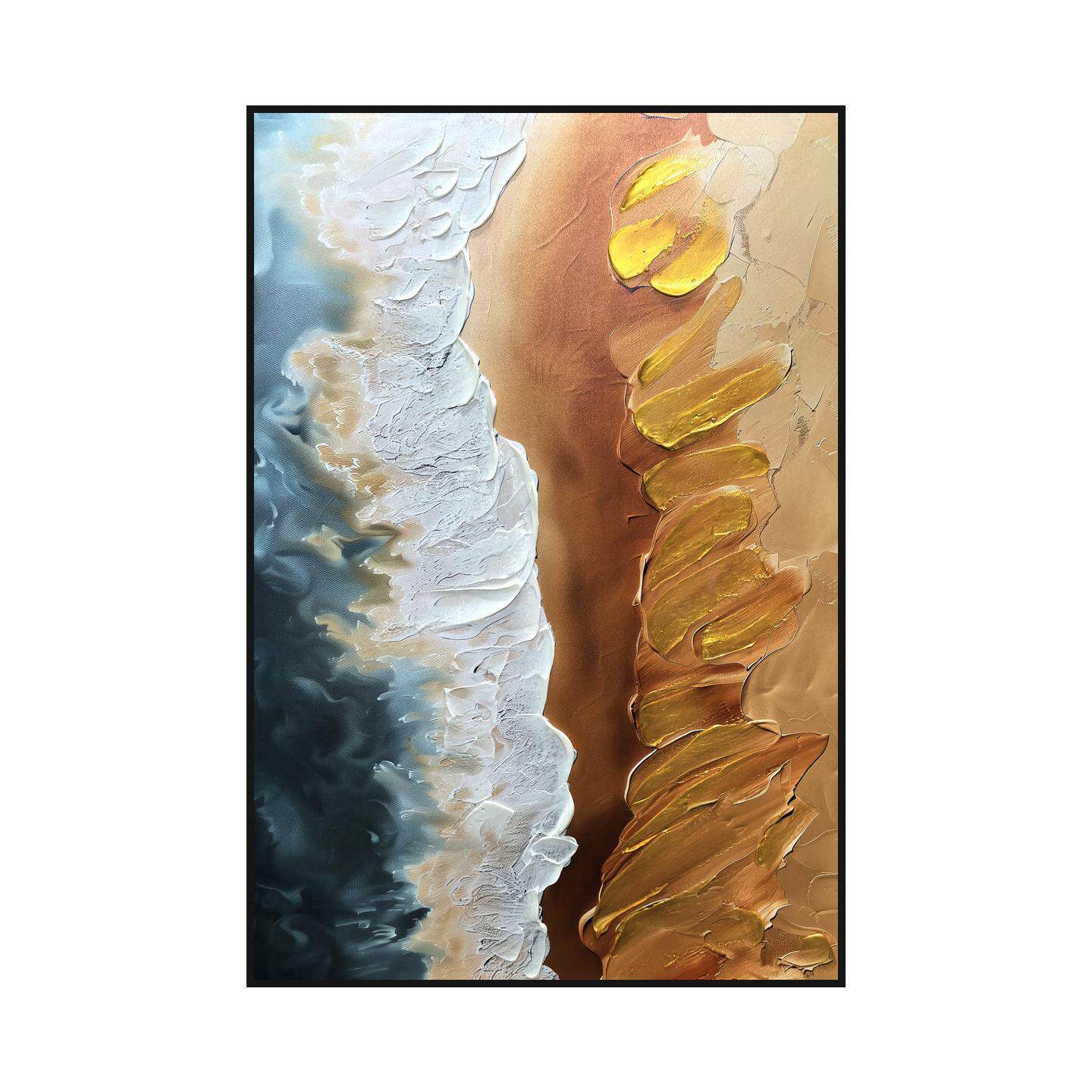蓝棕鎏金海浪立体肌理油画竖版玄关入户现抽象治愈手绘装饰画