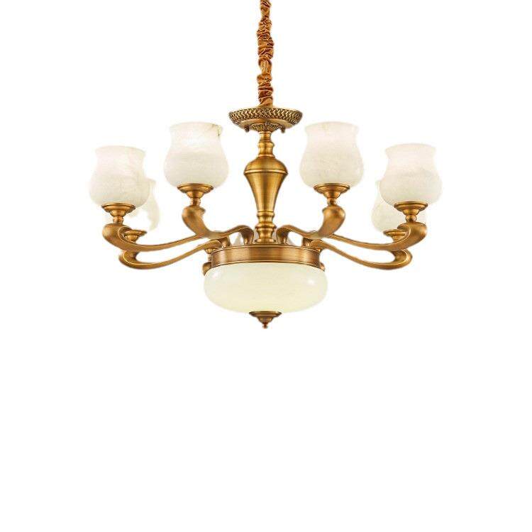 美式客厅灯全铜吊灯卧室灯具复古大气餐厅灯饰简美天然云石中山灯