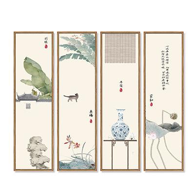 新中式客厅装饰画四联屏风挂画茶室沙发背景墙中国风壁画荷花国画