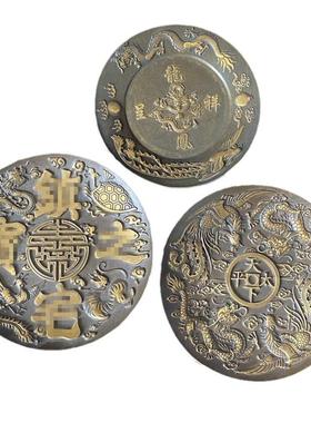 复古铜盘摆件古玩杂项黄铜龙凤盘子家居客厅装饰工艺品摆件碟子