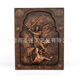 大天使圣米迦勒击败撒旦浮雕牌匾客厅玄关木雕工艺品摆件复古装饰